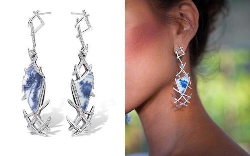 earrings designed by Chinese-born Fei Liu, consist of a lattice of platinum set with pieces of traditional, blue and white porcelain from the Qing Dynasty